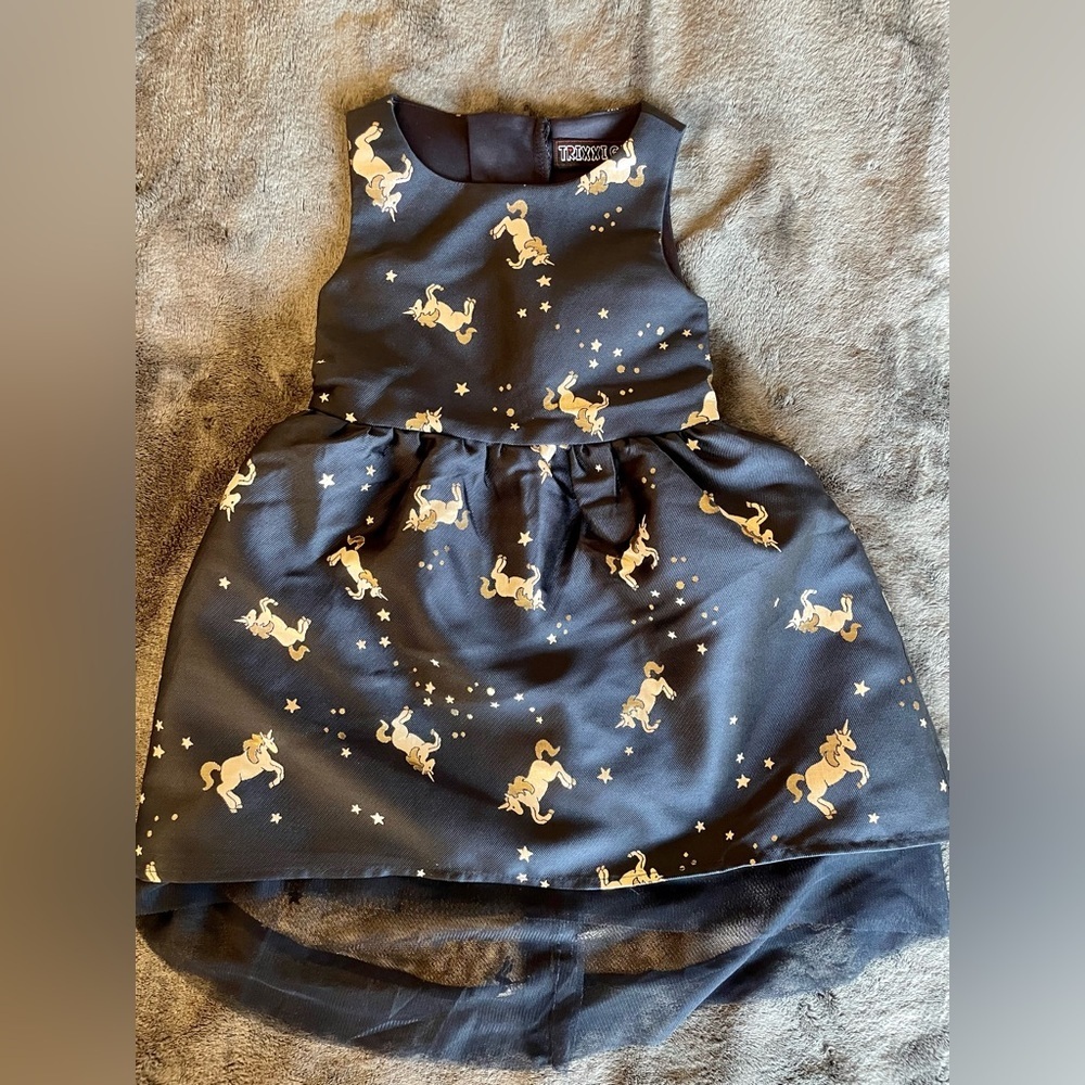 Trixxi girl asymmetric gold and navy unicorn dress size 2T, like new condition